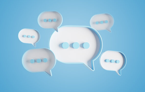 Minimalist blue and white speech bubbles talk icons floating over background. Modern conversation or social media messages with shadow. 3D rendering