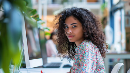 Portrait of hispanic young woman working at computer in modern office