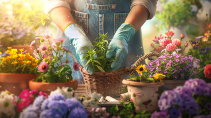 Hands in gloves holding a terracotta pot with lush green plants, amidst a blurred backdrop of colorful blooming flowers in a sunlit garden.