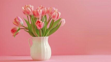 Beautiful spring bouquet of pink tulips in a white vase on a pink background