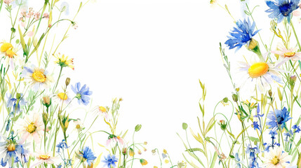 Obraz na płótnie Canvas A mesmerizing watercolor painting capturing lush garden filled with colorful wildflowers and delicate daisies swaying in breeze. Cosmetics presentation. Beauty treatments. Frame. Banner. Copy space