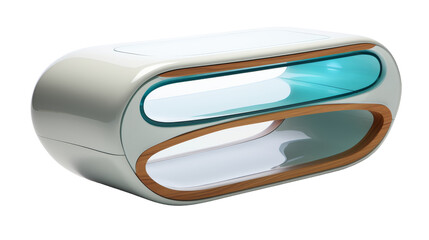 A white and wood speaker emitting a soft blue light in a dark room