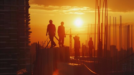 Fototapeta premium silhouette engineer worker on construction site with sunset and building background