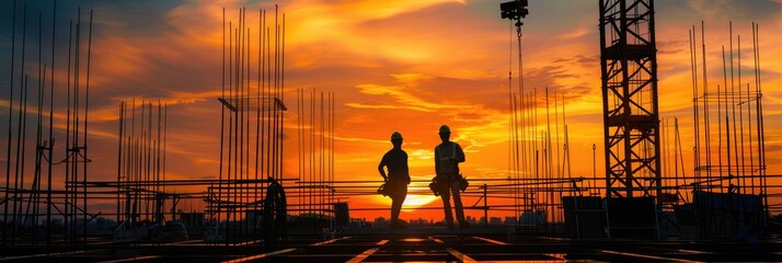 Fototapeta premium silhouette engineer worker on construction site with sunset and building background