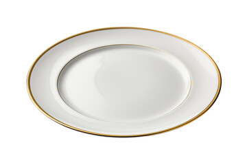 White and Gold Plate on White Background. On a White or Clear Surface PNG Transparent Background.