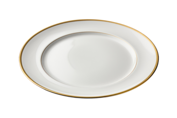 White and Gold Plate on White Background. On a White or Clear Surface PNG Transparent Background.