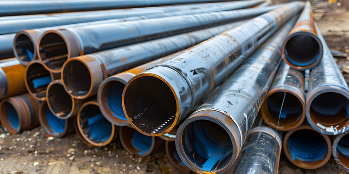 Old wornout pipes for gasification are laid in a row scrap metal disposal.

