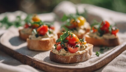 bruschetta on toasted rye ciabatta with Jerusalem hummus, tomatoes and herbs in a beautiful presentation - Powered by Adobe
