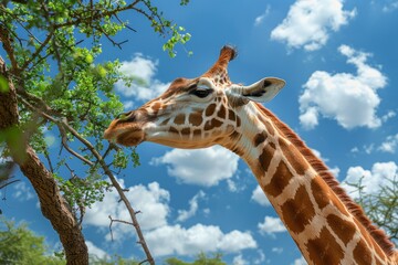 Obraz premium Professional Photography of a Graceful Giraffe Reaching for Leaves on the Top Branches of a Tree, Generative AI