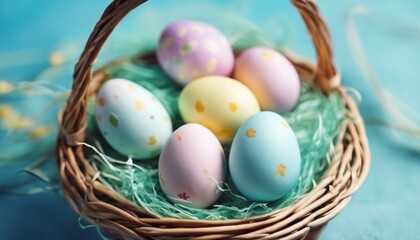 Happy Easter! Wicker basket with painted Easter eggs on a blue background