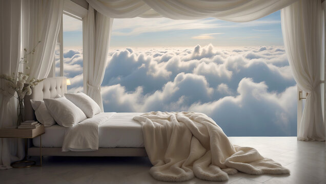 A four-poster bed floats in the skies, healthy sleep concept.