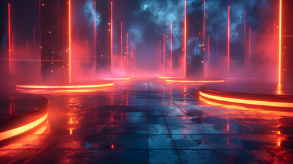 This visually captivating 3D rendering presents a futuristic platform aglow with mesmerizing neon lights and dynamic beams, set against a backdrop of darkness, evoking a sense of wonder and intrigue