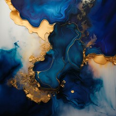 Blue and gold fluid abstract with dynamic flow