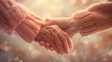 Gentle hands are clasping in a comforting gesture amidst a soft, warm light. - obrazy, fototapety, plakaty