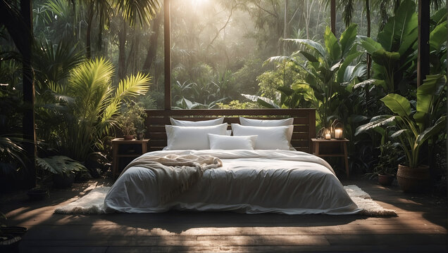 Bedroom, bed in the middle of the jungle, concept of relaxation, freshness.