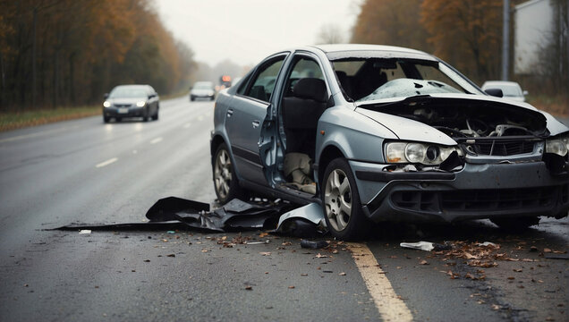 car insurance concept, broken, crashed car after an accident.