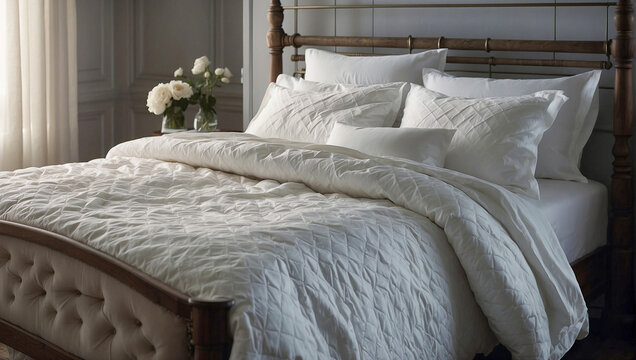 luxurious, bed with white linens in the bedroom.