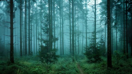 A misty forest with tall trees and a mysterious atmosphere