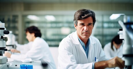 Fototapeta premium Busy life science lab with scientists conducting research on everything from genes to cells, highlighting collaboration.