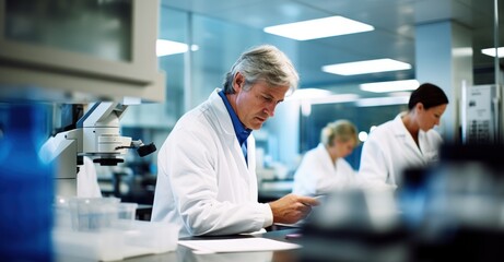 Fototapeta premium Busy life science lab with scientists conducting research on everything from genes to cells, highlighting collaboration.