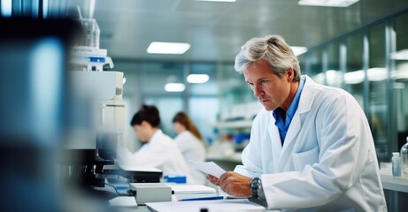 Fototapeta premium Busy life science lab with scientists conducting research on everything from genes to cells, highlighting collaboration.