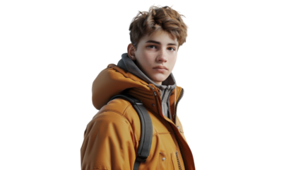 A young man in a yellow jacket makes direct eye contact with the camera