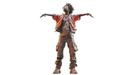 A person stands with arms outstretched to the sky