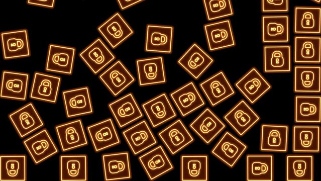  Glow lock orange neon icons falling on a black background 4K.