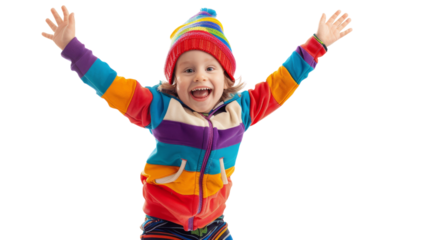 A little girl with a bright colorful jacket and hat explores the world with curiosity and joy