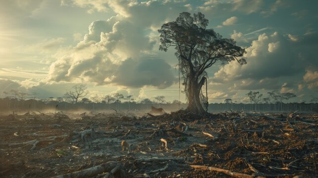 A solitary tree stands resilient amidst the desolation of a deforested landscape under a dramatic cloudy sky.