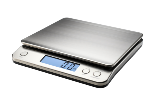 Digital Scale With Clock on Top. On a White or Clear Surface PNG Transparent Background.