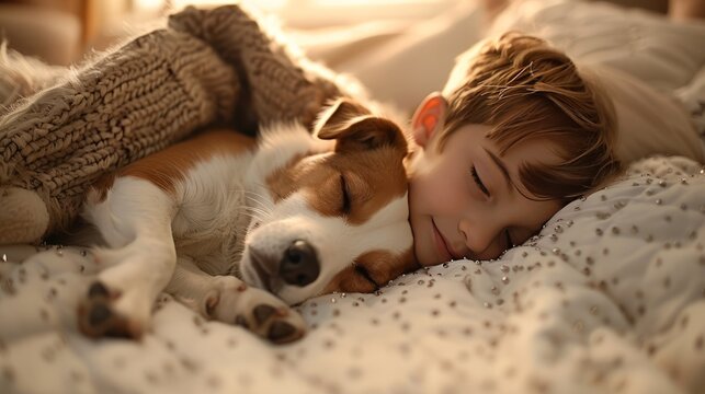 A picture of a child sleeping while cuddling with his beloved dog. It shows the deep bond and friendship between them.