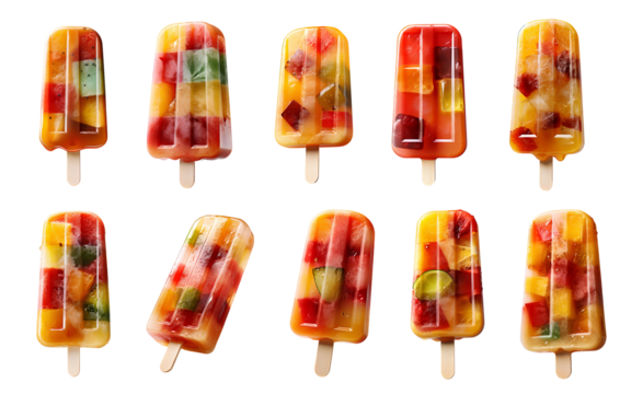 Popsicle set PNG. Set of popsicles PNG. Fruit popsicle PNG. Popsicle with fruit slices as refreshment during summer time. Popsicle dessert PNG