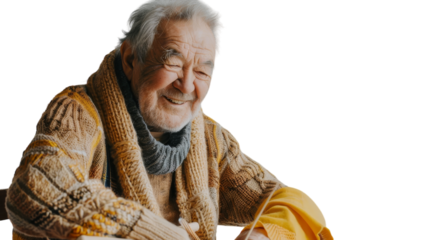 An elderly man seated at a wooden table, savoring a cup of coffee