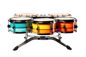 Vibrant Multicolored Drum Set on Stand. On a White or Clear Surface PNG Transparent Background.