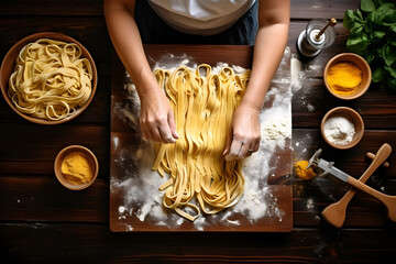 Woman making fettuccine noodles on wooden table top view, close up 