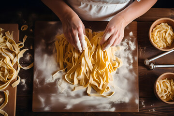 Woman making fettuccine noodles on wooden table top view, close up 