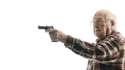 An elderly man in glasses grips a firearm with intensity