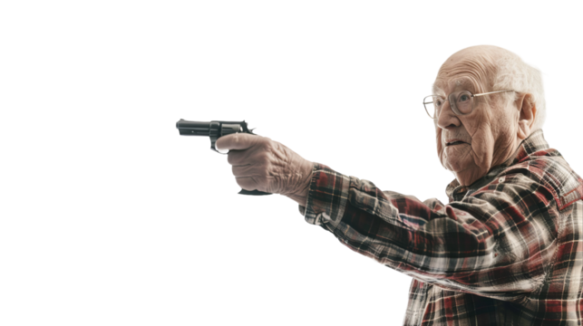 An elderly man in glasses grips a firearm with intensity
