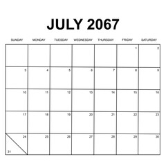 july 2067. monthly calendar design. week starts on sunday. printable, simple, and clean vector design isolated on white background.