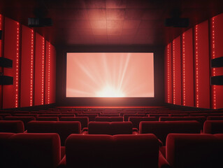 Empty red cinema room with white screen 