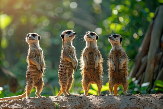 Professional Photography of a Group of Curious Meerkats Standing Alert on Their Hind Legs, Generative AI