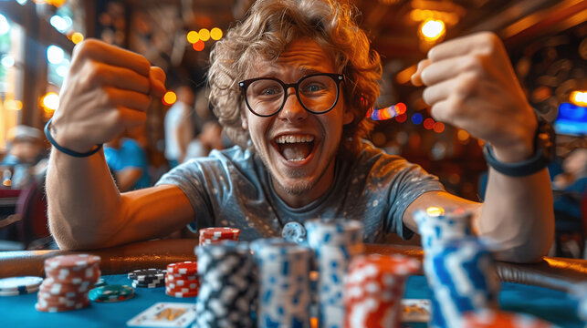 A man rejoices after winning poker in a casino club. Man wins jackpot at casino