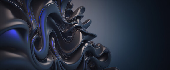 Dark and blue glossy wallpaper. Wavy background with curvy organics shapes. Generative ai