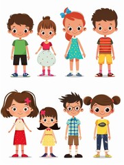Variety of cartoon vector children in colorful outfits. A diverse group of cartoon children standing in row wearing various colorful outfits representing different styles and personalities 