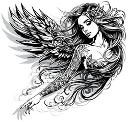 Drawing of a Beautiful Woman as an Angel with Long Flowing Hair - Black and White Illustration or Tattoo Isolated on White Background, Vector - 761241180