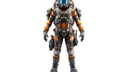 An orange and black robot is standing confidently on a white background - obrazy, fototapety, plakaty