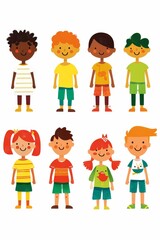Variety of cartoon vector children in colorful outfits. A diverse group of cartoon children standing in row wearing various colorful outfits representing different styles and personalities 