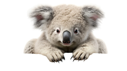 A baby koala is peacefully sitting on a white surface