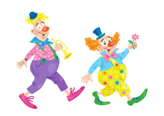 Two funny clowns. Isolated on white background. Vector flat illustration.